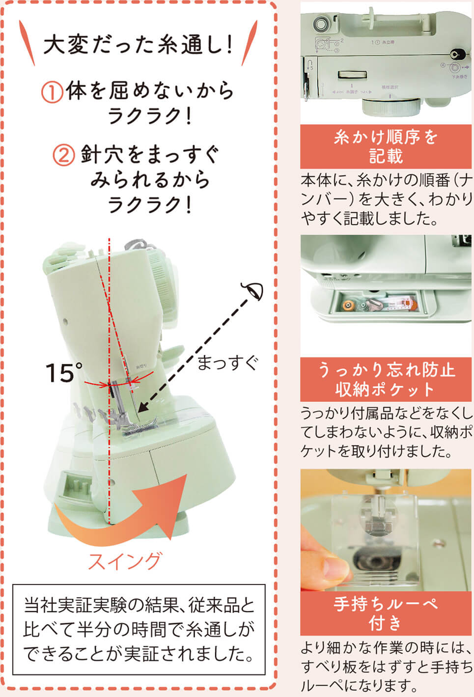 大変だった糸通し！ ①体を屈めないからラクラク！ ②針穴をまっすぐみられるからラクラク！